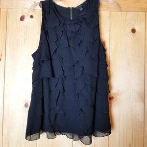 Ann Taylor Black Silk Layered Flower Petal Shimmy Fringe Sleeveless Blouse